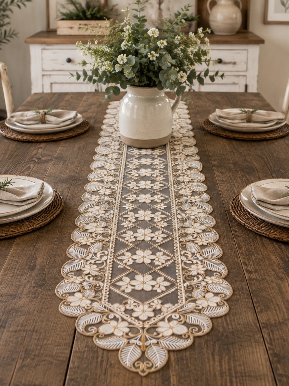 Elegant Beige Floral Lace Table Runner - Home Dining